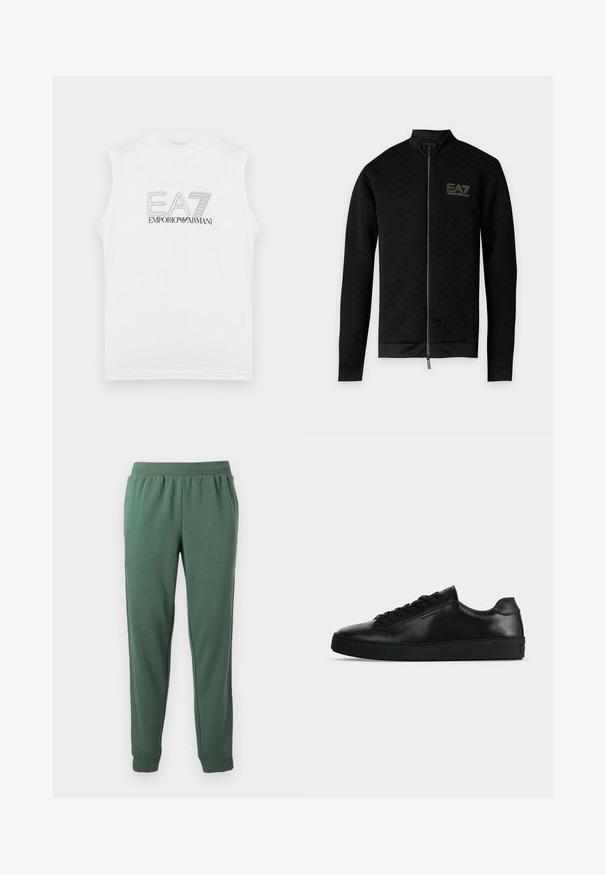Veste noire à manches longues zippée avec une texture à carreaux subtile et logo EA7 Emporio Armani sur la poitrine gauche.; Chemise sans manches blanche avec le logo "EA7 Emporio Armani" en contour noir centré sur le devant.; Pantalon de survêtement vert en tissu doux, avec une taille élastique, des poches latérales et des poignets côtelés aux chevilles pour une coupe effilée.; Basket basse en cuir noir avec lacets noirs et semelle épaisse noire, vue de profil sur fond gris clair.