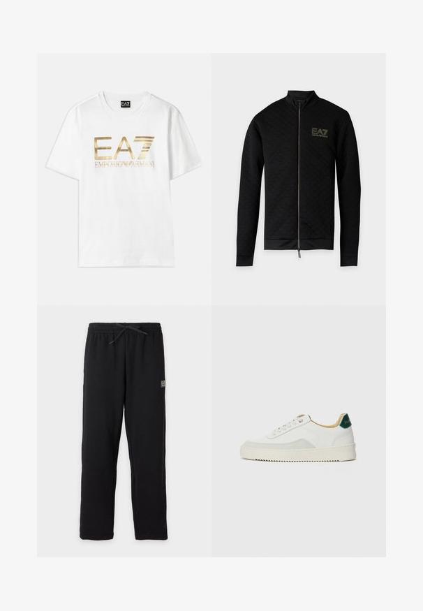 Chaqueta negra de manga larga con cremallera, textura cuadriculada sutil y logo EA7 Emporio Armani en el pecho izquierdo.; Camiseta de algodón blanca con un gran logo metálico dorado "EA7" y el texto "EMPORIO ARMANI" debajo, con mangas cortas y cuello redondo.; Pantalones deportivos negros con cintura elástica y cordón, con un pequeño parche rectangular con el logo EA7 en la parte superior del muslo izquierdo.; Zapatilla blanca con acentos de ante, puntera redondeada, cordones planos y suela de goma color crema. Presenta un logo verde en el talón.