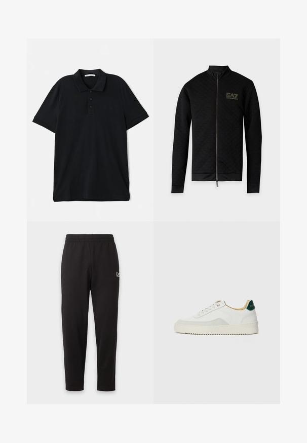 Zwarte lange-mouwen jas met rits, subtiele geruite structuur en EA7 Emporio Armani-logo op de linkerborst.; Zwarte polo t-shirt van katoen, met een klassieke kraag, een drieknoopsluiting, korte mouwen en een subtiele logo-detail aan de voorkant.; Zwarte joggingbroek met elastische taille, taps toelopende pijpen en een klein wit logo op het bovenste linker bovenbeen.; Witte sneaker met suède accenten, ronde neus, platte veters en een crème rubberen zool. Bevat groene branding op de hiel.