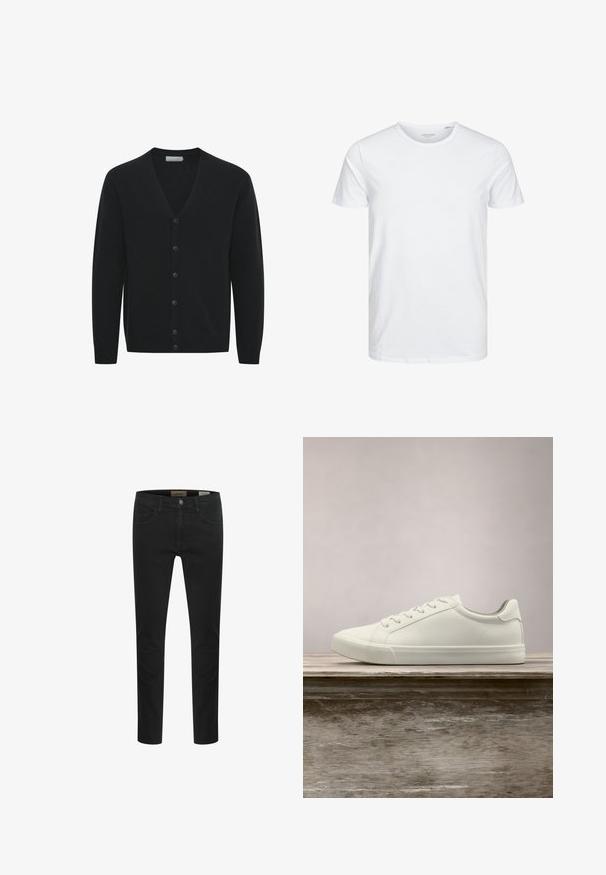 Zwarte cardigan van zachte gebreide stof, met een V-hals, lange mouwen en zes knopen aan de voorkant. Geribde manchetten en onderrand.; Ronde hals kortemouwen t-shirt in effen wit, gemaakt van zachte katoen, heeft een eenvoudig ontwerp zonder zichtbare patronen of accenten.; Zwarte jeans van denim, met een slim fit, vijf zakken en een knoopsluiting. Glad textuur met minimale stiksels.; Witte vetersneaker die boven een houten bank zweeft met groene bladeren op de achtergrond, waarbij het ontwerp en de textuur van de schoen worden getoond.