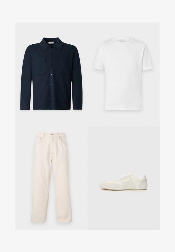 Chemise bleu marine foncé à manches longues, à boutons, avec deux poches poitrine et un col classique, présentée sur un fond gris clair uni.; T-shirt blanc à manches courtes en coton. Présente un col rond et un ourlet droit. Sans motifs ni embellissements. Design simple.; Jean droit beige en denim, avec une fermeture à boutons, cinq poches et des détails de couture visibles. Texture lisse.; Baskets blanches au design épuré, dotées d'un embout en daim, de panneaux en cuir et d'accents texturés contrastés. Semelle plate en caoutchouc.