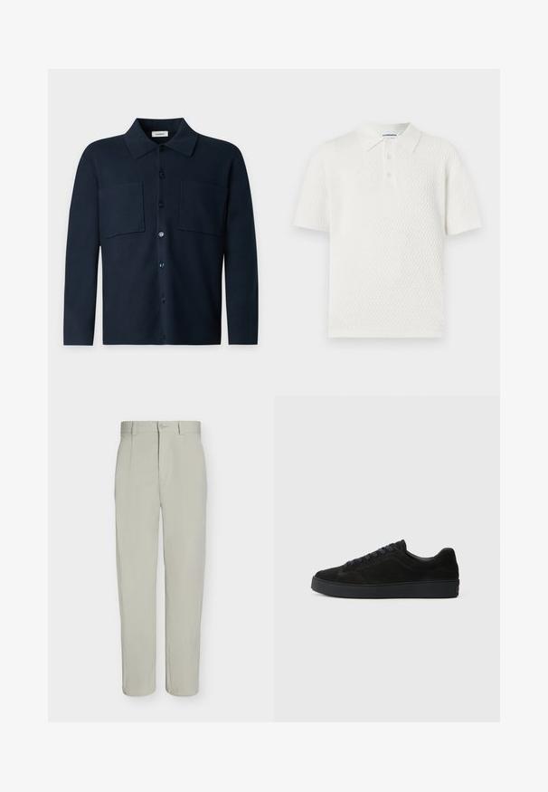 Chemise bleu marine foncé à manches longues, à boutons, avec deux poches poitrine et un col classique, présentée sur un fond gris clair uni.; Polo en maille blanc à manches courtes avec motif losange, patte à trois boutons et col classique, présenté sur fond uni.; Pantalon beige clair à jambe droite, fermeture à bouton, passants de ceinture et plis sur le devant, présenté sur un fond blanc uni.; Basket en suède noire avec une semelle plate et texturée, un bout rond, six œillets pour les lacets et un design minimaliste.