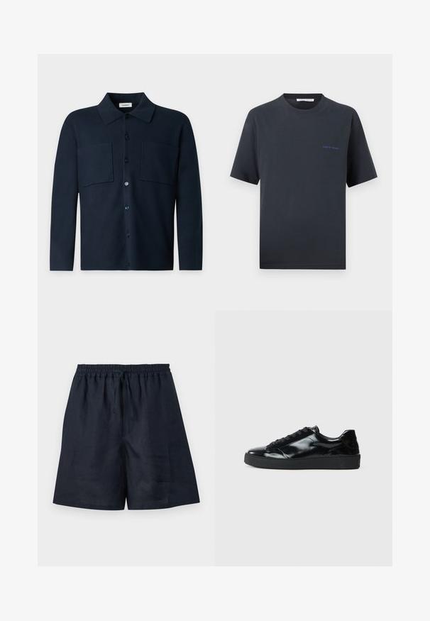 Chemise bleu marine foncé à manches longues, à boutons, avec deux poches poitrine et un col classique, présentée sur un fond gris clair uni.; T-shirt noir à manches courtes avec col rond, avec un petit logo bleu "Tiger of Sweden" sur la poitrine gauche, sur un fond uni.; Shorts bleu marine décontractés avec taille élastique et cordon, tissu léger, longueur genou et coupe droite.; Baskets en cuir verni noir avec un bout arrondi, un laçage, une semelle en caoutchouc texturé et une finition lisse.
