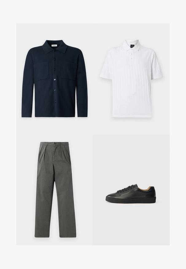 Chemise bleu marine foncé à manches longues, à boutons, avec deux poches poitrine et un col classique, présentée sur un fond gris clair uni.; Polo blanc à manches courtes avec une subtile texture en losange, trois boutons, et une petite étiquette noire Armani Exchange à l'intérieur du col.; Pantalons légers plissés en coton gris foncé avec une coupe droite. Comprend une fermeture à bouton à l'avant et des passants de ceinture.; Baskets basses en cuir noir avec surface texturée, lacets noirs et semelle en caoutchouc épaisse, présentées de côté sur un fond clair.