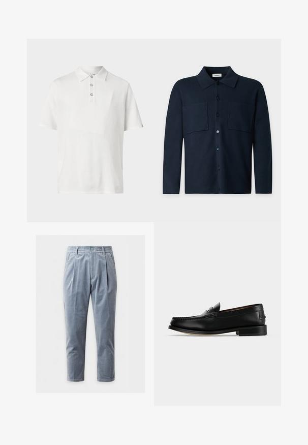 Chemise bleu marine foncé à manches longues, à boutons, avec deux poches poitrine et un col classique, présentée sur un fond gris clair uni.; rag & bone HARVEY - Polo - ivory; Pantalon en velours côtelé bleu clair pour hommes avec plis, passants de ceinture, fermeture bouton et jambes droites sur un fond uni.; Mocassin homme en cuir noir avec un petit talon et une couture de style mocassin sur l'avant, vu de côté sur un fond uni.