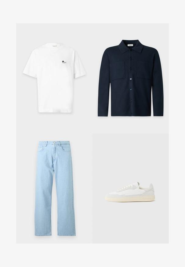 Dark navy long-sleeve button-up shirt with two chest pockets and a classic collar, shown on a plain light gray background.; White short-sleeve t-shirt with small black clover and the word "loved" printed on left chest.; Light blue denim straight-leg jeans with front button and zipper closure, belt loops, and five-pocket styling.; White sneaker with a textured suede and leather upper. Features a rounded toe, lace-up closure, and contrasting beige rubber sole.