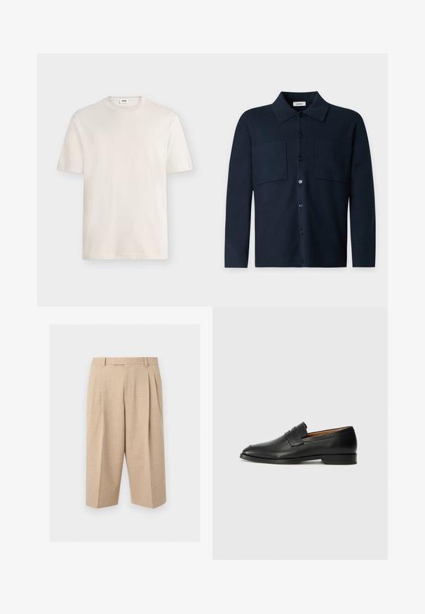 Chemise bleu marine foncé à manches longues, à boutons, avec deux poches poitrine et un col classique, présentée sur un fond gris clair uni.; T-shirt blanc uni à manches courtes avec col rond et petite étiquette en tissu au niveau du col sur un fond neutre.; Short beige sur mesure arrivant aux genoux avec plis à l'avant, passants de ceinture et une taille lisse sur un fond clair uni.; Mocassin en cuir noir avec un bout arrondi, des coutures subtiles et un talon bas, présentant une texture lisse et un design minimaliste.