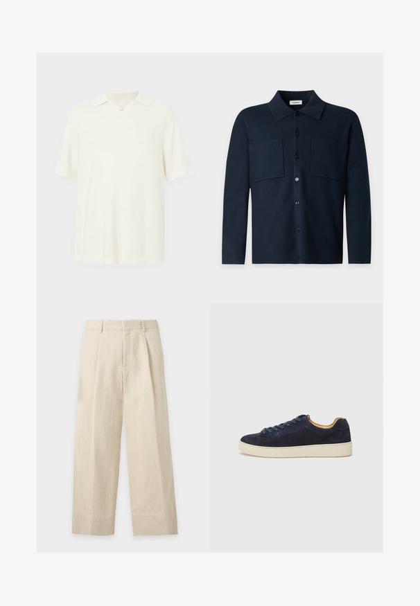 Donkerblauw overhemd met lange mouwen en knopen, twee borstzakken en een klassieke kraag, getoond op een effen lichtgrijze achtergrond.; Korte mouwen polo-shirt, licht crèmekleurig, gemaakt van textuurstof, met een v-hals en een klassiek kraagontwerp.; Beige broek met wijde pijpen, riemlussen, plooien aan de voorkant en een verborgen sluiting aan de voorkant.; Marine blauwe suedekleurige low-top sneaker met ronde neus, off-white rubberen zool en bijpassende veters; heeft een contrasterende tan interieur voering.