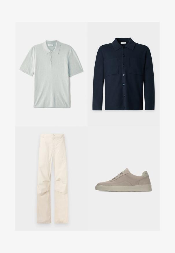 Dunkelmarineblaues Langarmhemd mit Knöpfen, zwei Brusttaschen und klassischem Kragen, dargestellt auf einem einfarbigen hellgrauen Hintergrund.; Hellblaues Poloshirt aus weichem Stoff, mit klassischem Kragen, Drei-Knopf-Leiste und kurzen Ärmeln. Minimalistisches Design.; Beige gerade geschnittene Hose mit Knopf- und Reißverschluss vorne, flach auf einem neutralen Hintergrund liegend.; Beige Wildledersneaker mit strukturierter Oberfläche, abgerundeter Zehenpartie und tonalen Schnürsenkeln. Verfügt über eine dicke Gummisohle und dezente Markenkennzeichnung an der Ferse.