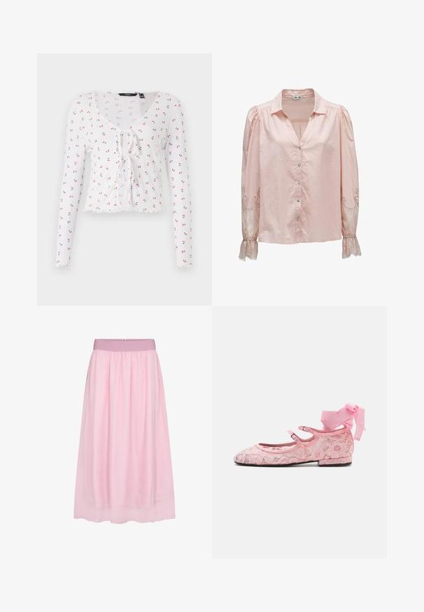 Camiseta blanca de manga larga con escote en V, detalle de lazo en el frente y un patrón de pequeñas cerezas rojas con hojas verdes. Dobladillo con forma de pico.; Blusa de manga larga rosa claro con botones en la parte delantera, cuello, hombros abullonados y detalles de encaje en las mangas inferiores y puños.; Falda de tul rosa con un diseño suave y ligero. Presenta una cintura elástica y una silueta fluida, creando un efecto de capas.; Bailarinas rosas de encaje con tacón plano, que cuentan con dos correas ajustables y un detalle de lazo en la parte trasera. Elegante patrón de encaje floral.