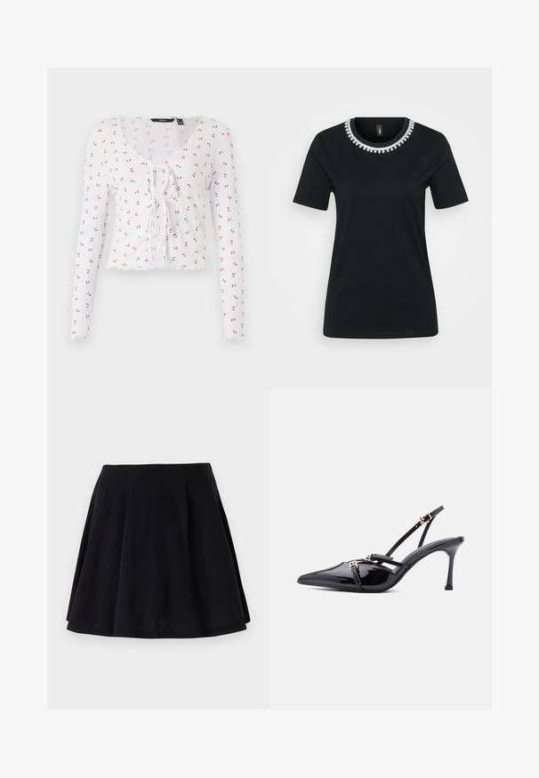Camiseta blanca de manga larga con escote en V, detalle de lazo en el frente y un patrón de pequeñas cerezas rojas con hojas verdes. Dobladillo con forma de pico.; Camiseta negra de manga corta con un cuello decorativo de cuentas. Fabricada en una tela suave, con un corte estándar y dobladillo redondeado.; Falda de algodón negra con una silueta acampanada, que presenta pliegues en la zona de la cintura y una textura suave. Ideal para un look casual.; Zapato de tacón destalonado de charol negro con punta puntiaguda, tiras delgadas y pequeños cierres de hebilla en tono dorado sobre fondo blanco.