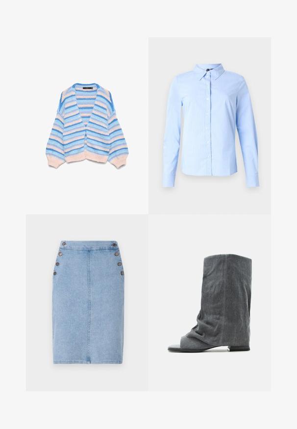 Blød strikket cardigan med brede, horisontale striber i blå, lyseblå og beige, V-udskæring samt ribbede manchetter og kant.; Lyseblå skjorte med lange ærmer, diskrete hvide striber og spidse kraver, vist på en ensfarvet baggrund.; Lysblå denimnederdel i tætsiddende silhouette med en forhøjet søm foran og fem brune knapper på venstre side som detalje. Glat tekstur.; Blød grå, slasket midtkalv-støvle med åben tå og lav blokhæl, lavet af tekstureret stof.