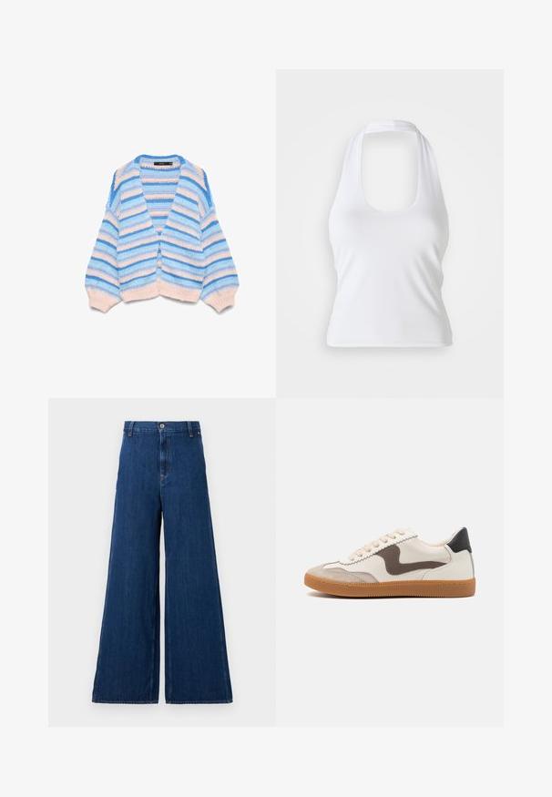Blød strikket cardigan med brede, horisontale striber i blå, lyseblå og beige, V-udskæring samt ribbede manchetter og kant.; Hvid halterneck top med scoop-udskæring, lavet af glat, strækbart stof. Har et minimalistisk design uden dekorative elementer eller mønstre.; Replay PANTS - Jeans Straight Leg - dark blue; Sneakers med en cremefarvet læderoverdel, en mørkebrun svine læder detalje, beige snørebånd og en gummigummisål; klassisk lavprofil design.