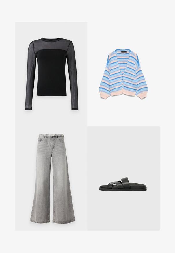 Cardigan en maille douce avec de larges rayures horizontales bleu, bleu clair et beige, col en V, poignets et ourlet côtelés.; Haut noir à manches longues avec un corps uni et des manches en maille transparente, avec un col rond et une coupe ajustée.; Jean en denim gris à jambe large avec une taille haute, comportant un design classique à cinq poches et une ceinture avec passants. Tissu texturé.; Sandales en cuir noir à semelle plate, avec deux larges brides croisées pour un bon maintien et une texture lisse.