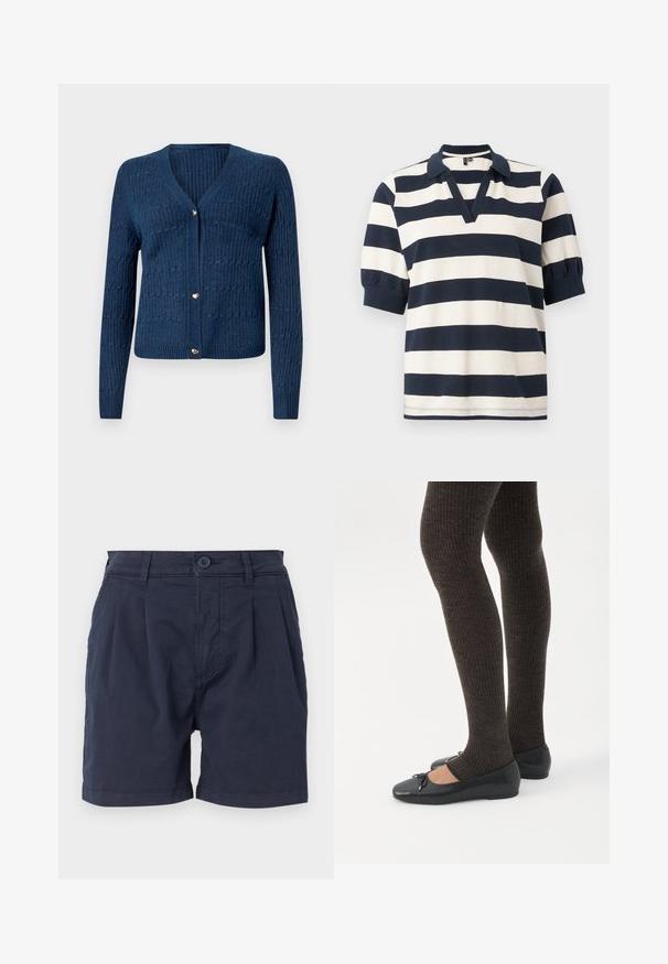 Cárdigan azul marino con textura de canalé, escote en V y cinco botones en forma de corazón dorados en la parte delantera. Mangas largas.; Camisa polo de algodón a rayas con rayas horizontales blancas y marinas, manga corta tipo abullonada, escote en V y cuello de canalé.; Pantalones cortos azul marino de tejido trenzado, con cierre frontal de botón, diseño plisado y bolsillos laterales. Dobladillo limpio en las aperturas de las piernas.; Piernas con leggings oscuros acanalados combinados con bailarinas negras que presentan pequeños detalles de lazo sobre un fondo blanco.