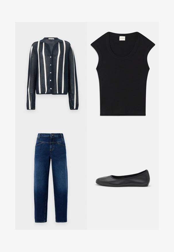 Cardigan en maille ajourée bleu marine avec des rayures verticales blanches, manches longues, boutons sur le devant et petit col.; Haut sans manches noir en tissu doux avec un col arrondi et une coupe ajustée. Présente une étiquette portant la mention "CLOSED" au niveau du cou.; Jean en denim bleu foncé avec une coupe droite, cinq poches, fermeture par bouton supérieur et coutures orange.; Ballerines en cuir noir avec un bout rond, texture lisse, détails de couture minimalistes et design de semelle flexible.