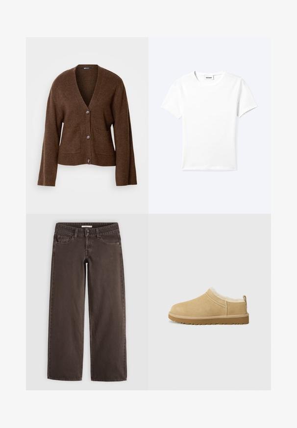 Cardigan marron en matériau doux, avec un col en V, des boutons sur le devant et deux poches avant. Les poignets et l'ourlet côtelés ajoutent de la texture.; T-shirt blanc uni à manches courtes et col rond avec une petite étiquette "WEEKDAY" à l'intérieur de l'encolure, présenté à plat sur un fond clair.; Jean droit marron avec poches avant, petite poche pour pièces, passants de ceinture et fermeture à double bouton à la taille.; Chaussure en daim à enfiler de couleur beige clair, dotée d'une douce doublure en fourrure et d'une semelle en caoutchouc texturé avec un léger talon et une sangle à l'arrière pour un enfilage facile.