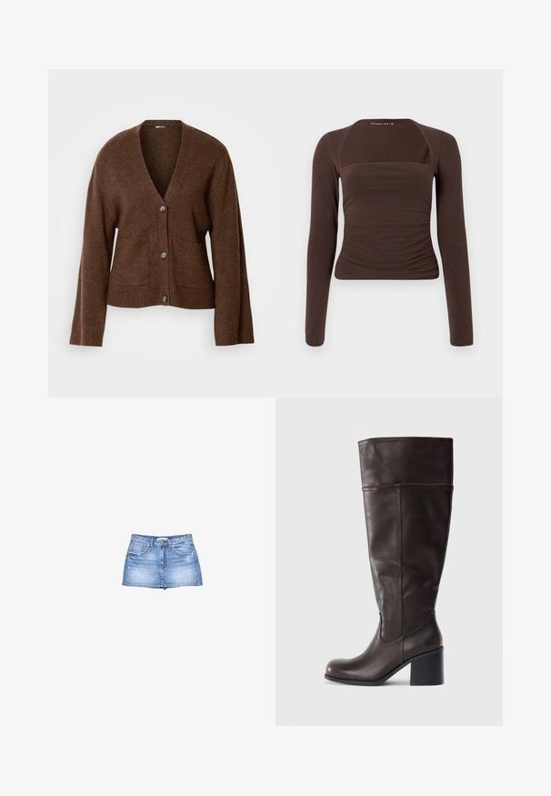 Cardigan marron en matériau doux, avec un col en V, des boutons sur le devant et deux poches avant. Les poignets et l'ourlet côtelés ajoutent de la texture.; Haut marron à manches longues en tissu extensible, avec un décolleté carré et des détails froncés à la taille pour un aspect ajusté.; Jupe en denim bleu clair avec un ourlet effiloché, fermeture à boutons sur le devant et deux poches à l'avant. Les détails usés ajoutent de la texture.; Botte en cuir marron hauteur genou avec un bout rond et un talon empilé. Présente une texture lisse et des coutures latérales.