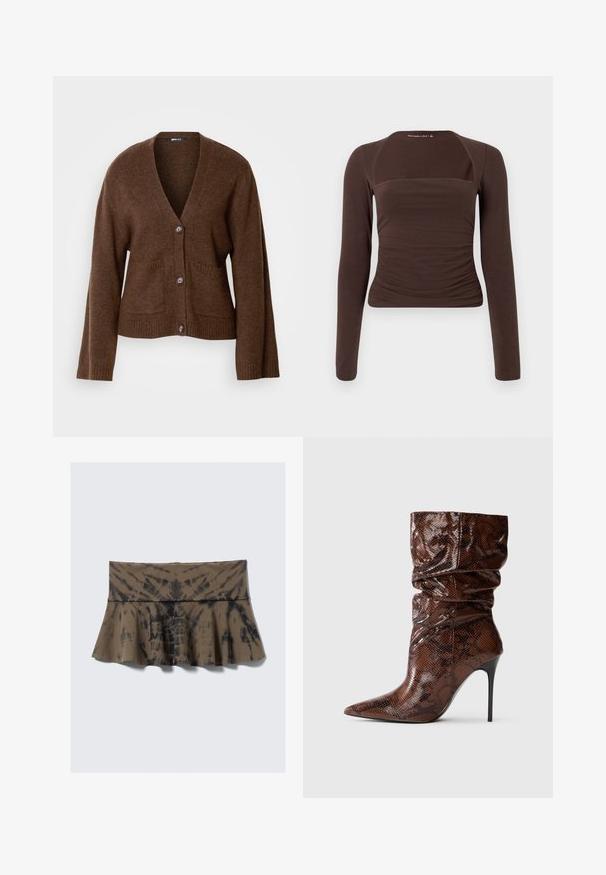 Cardigan marron en matériau doux, avec un col en V, des boutons sur le devant et deux poches avant. Les poignets et l'ourlet côtelés ajoutent de la texture.; Haut marron à manches longues en tissu extensible, avec un décolleté carré et des détails froncés à la taille pour un aspect ajusté.; Jupe marron tie-dye avec un bas évasé et une large ceinture. Fabriquée en tissu doux avec une texture apparente. Les motifs varient partout.; Bottines en cuir fléchies avec un motif serpent marron, à bout pointu et talon aiguille noir haut et fin, sur fond blanc.