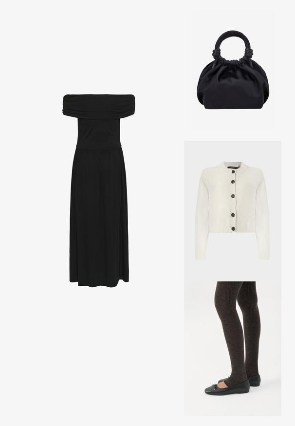 Strikket cropped cardigan i lys creme, med ribbet tekstur, rund halsudskæring og sorte knapper ned langs fronten.; Sort off-the-shoulder maxi-kjole med samlet bodice og flydende kjole, lavet af blødt stof med en glat tekstur og elastisk talje.; Ben iført mørke ribbede leggings kombineret med sorte balletsko med små sløjfedetaljer på hvid baggrund.; Sort blød stofhåndtaske med samlet top og cirkulære polstrede håndtag bundet med knuder på hver side.