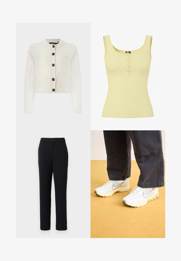 Cárdigan corto de punto en crema claro, con textura acanalada, escote redondo y botones negros en la parte delantera.; Camiseta sin mangas de color amarillo pálido con textura acanalada, escote cuadrado y cuatro pequeños botones delanteros a presión.; Pantalones negros con un diseño de pierna recta, hechos de una tela suave. Cuentan con un cierre de botón en la parte delantera y bolsillos laterales.; Zapatillas deportivas blancas con materiales de malla y sintéticos, con un logo gris, suela texturizada y acentos beige, combinadas con pantalones oscuros.