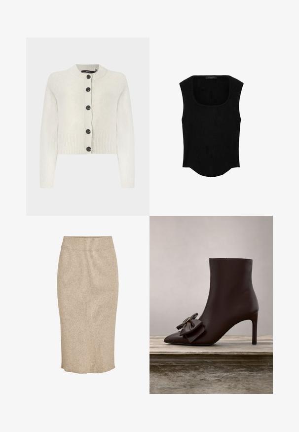Strikket cropped cardigan i lys creme, med ribbet tekstur, rund halsudskæring og sorte knapper ned langs fronten.; Sort ribstrikket ærmeløs top med firkantet udskæring og let buet kant, lavet af strikstof.; Strik nederdel i en lys beige farve med lodret ribbestruktur, knælang med elastisk talje og lige skæring.; Sort læder ankelstøvle med spids tå, stiletto hæl og en stor sløjfedetalje ved anklen, hvilende på en træoverflade.