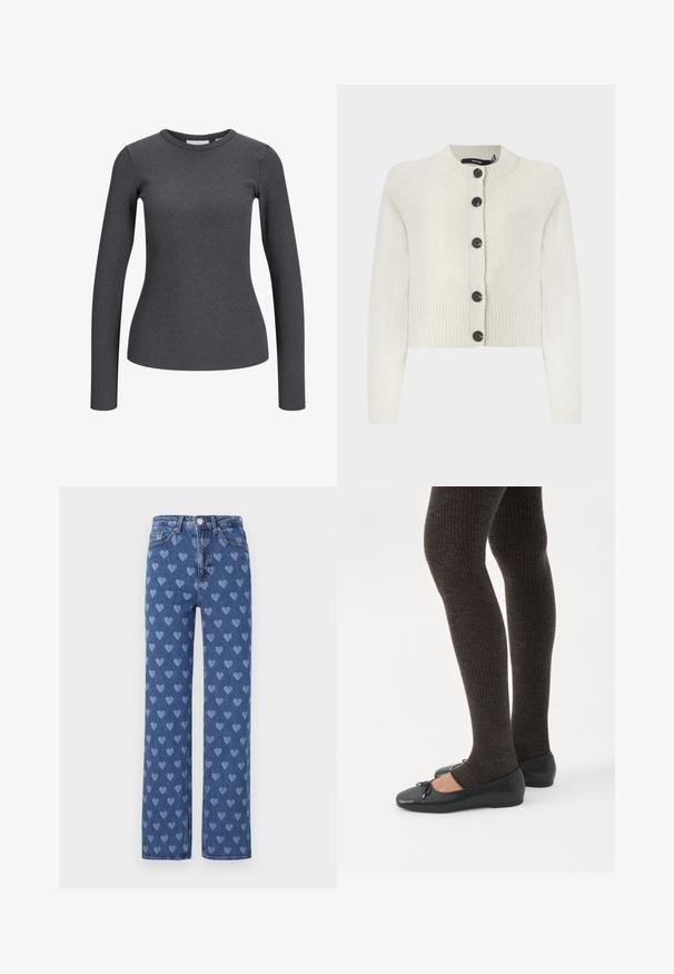 Strikket cropped cardigan i lys creme, med ribbet tekstur, rund halsudskæring og sorte knapper ned langs fronten.; Langærmet, ribbet top i mørkegrå. Har en rund halsudskæring og tætsiddende silhuet. Fremstillet af et strækbart stof for komfort.; Blå denim jeans med lige snit, der har et gentaget lyseblåt hjerte mønster, kobberknapper og traditionelt fem-lomme design.; Ben iført mørke ribbede leggings kombineret med sorte balletsko med små sløjfedetaljer på hvid baggrund.