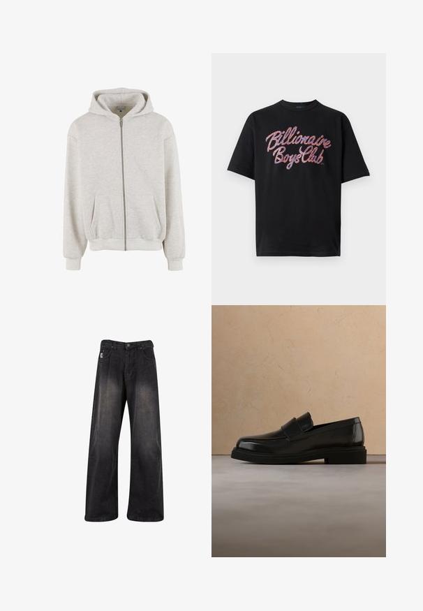 Lichtgrijze hoodie met rits, voorzakken, geribbelde boorden en zoom, en een aangehechte capuchon.; Zwart katoenen T-shirt met meerkleurige "Billionaire Boys Club" tekst in een gedurfd scriptontwerp. Korte mouwen, ronde hals.; Zwarte wijde denim broek met een vervaagde afwerking, uitgerust met een knoopsluiting, vijf zakken en een merkpatch aan de linkervoorzijde.; Zwarte leren loafer zweeft boven een beige gestructureerd kleed, met op de achtergrond een ronde houten salontafel en boeken.