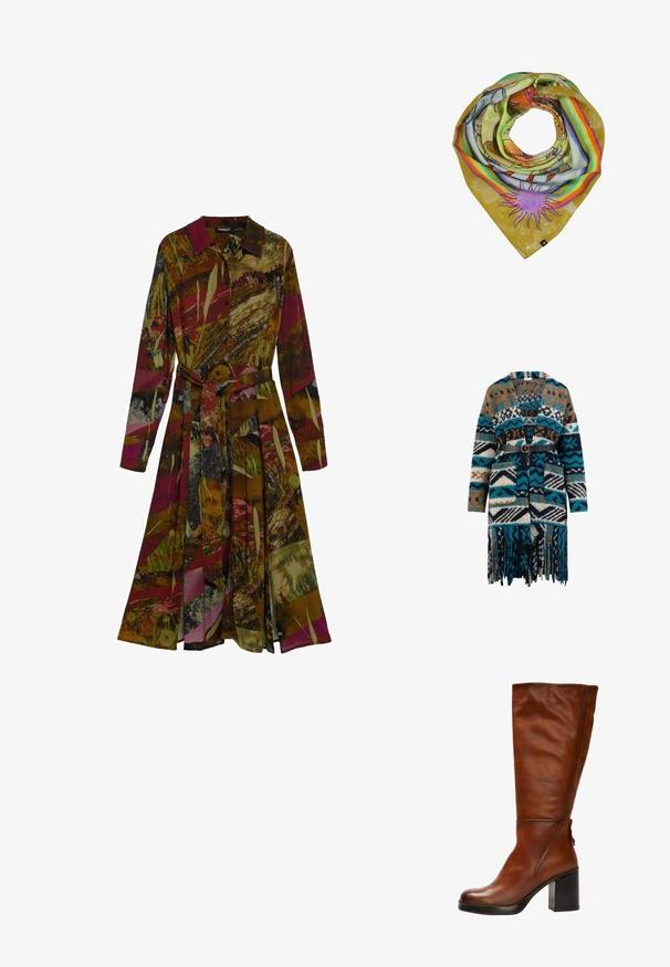 Strikket cardigan med et geometrisk mønster i teal, marineblå, brun og hvid, med frynset kanter, lange ærmer og et sort bælte med rund spænde.; Langærmet skjortekjole med bælte og spids krave i abstrakt multicolor mønster med nuancer af rød, brun, grøn og sort.; Brune læder knæhøje støvler med rund tå, chunky sort hæl og subtile syninger foran og bagpå.; Firkantet silketørklæde foldet i en spiral med farverige regnbuestriber og abstrakte sol- og blomsterdesign på en sennepsgul baggrund.