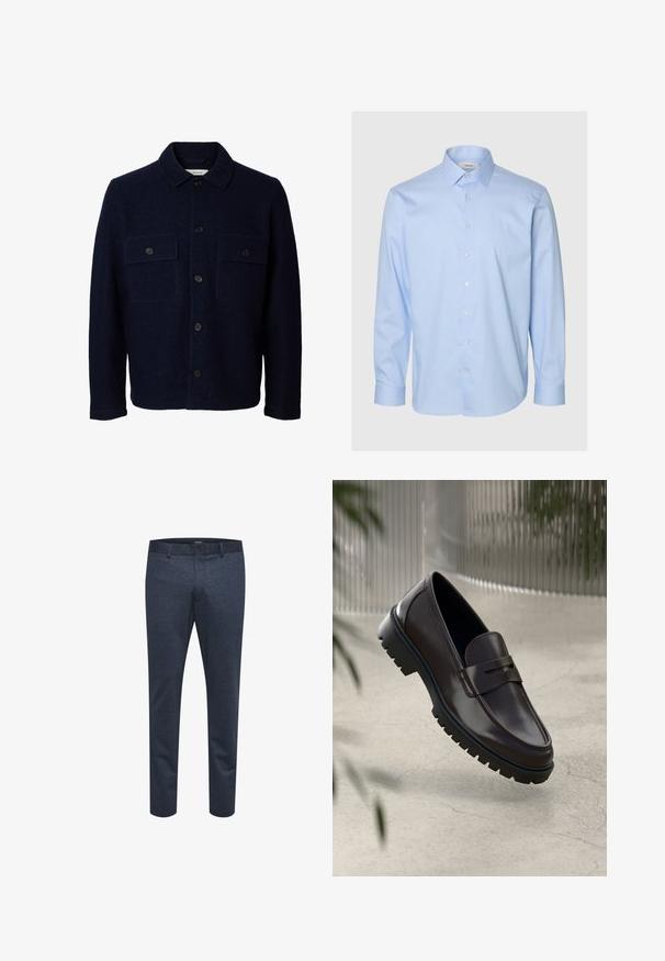 Chaqueta azul marino de lana con mangas largas, cierre frontal con botones, dos bolsillos en el pecho con solapas y botones, y cuello clásico.; Camisa de botones azul claro, mangas largas, cuello clásico, confeccionada en tejido liso con una textura sutil y botones perlados.; Pantalones azul marino de tejido texturizado con corte ajustado, que cuentan con cierre de botón y trabillas para cinturón, adecuados para uso casual o formal.; Mocasines de cuero marrón con una suela de goma texturizada y estriada. Presentan un diseño elegante y una correa decorativa sobre el empeine.