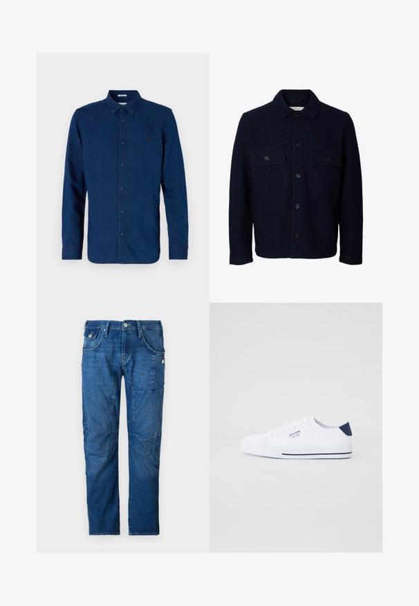 Veste en laine bleu marine à manches longues, fermeture à boutons sur le devant, deux poches poitrine à rabat avec boutons, et un col classique.; Chemise bleu foncé à manches longues avec boutons, col à boutonnière et logo brodé discret sur la poitrine gauche.; Pantalons en denim bleu à coupe droite, avec un design classique à cinq poches et des poches latérales supplémentaires. Texture usée sur le tissu.; Baskets en toile blanches avec un accent de talon marine, semelle en caoutchouc plate, bout rond et lacets blancs. Présente un logo sur le côté.