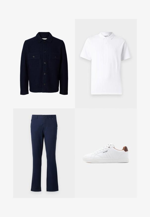 Marineblå uldjakke med lange ærmer, knaplukning foran, to brystlommer med klapper og knapper samt en klassisk krave.; Hvid polo skjorte med en klassisk krave, to-knaps placket, korte ærmer og et lille logo på brystet. Lavet af glat stof.; Marineblå bukser lavet af letvægtsstof, med lige ben, forlommer og knaplukning i taljen.; Hvid lavtop-sneaker med hvide snørebånd, perforerede detaljer, "Wrangler"-logo på siden og brun hælaccents på ensfarvet baggrund.
