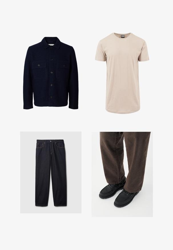 Marineblå uldjakke med lange ærmer, knaplukning foran, to brystlommer med klapper og knapper samt en klassisk krave.; Beige T-shirt lavet af blød bomuld; har en rund halsudskæring og korte ærmer; en glat tekstur uden mønstre eller dekorationer.; Mørke denim jeans med lige pasform, der har en knap- og lynlås-lukning, to frontlommer og kontrastfarvet orange syning.; Sorte lædersko med glat finish, rundet tå og snøredesign, kombineret med teksturerede brune bukser. Set fra gulvniveau.