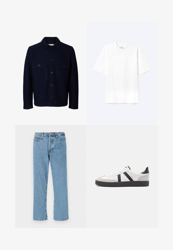 Marineblå uldjakke med lange ærmer, knaplukning foran, to brystlommer med klapper og knapper samt en klassisk krave.; Enkel hvid T-shirt med korte ærmer og rund hals med afslappet pasform, vist på en lys baggrund.; Lyseblå lige ben denim-jeans med frontknap, lynlåsåbning og fem lomme-design på hvid baggrund.; Hvide sneakers med sorte og grå detaljer, med en tekstureret grå tåhætte, sort gummisål og flade hvide snørebånd. Rent design, minimalistisk stil.