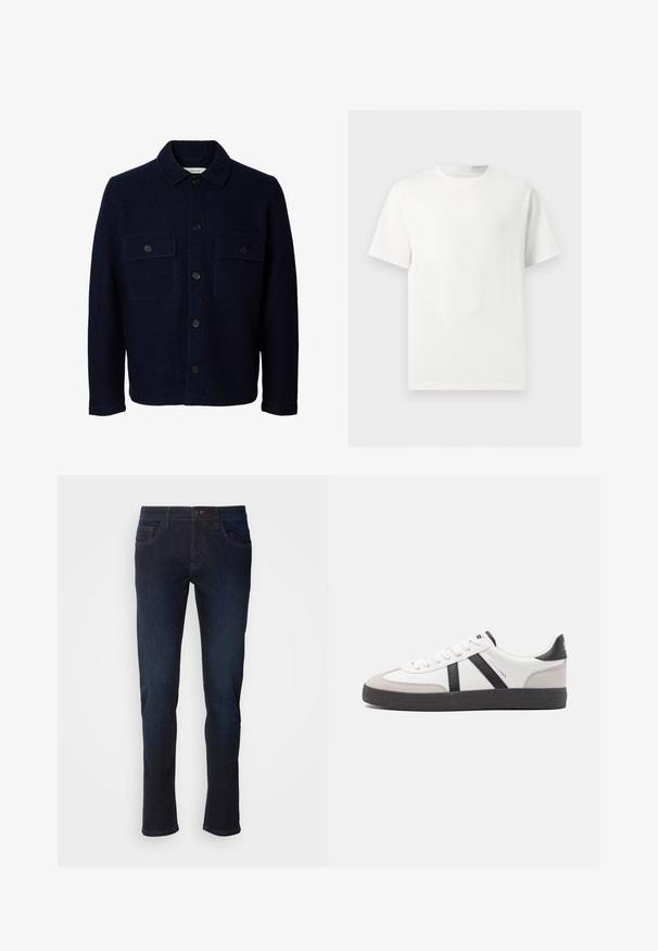Marineblauw wollen jasje met lange mouwen, knoopsluiting aan de voorkant, twee borstzakken met kleppen en knopen, en een klassieke kraag.; Effen wit T-shirt met korte mouwen en ronde hals, weergegeven op een lichtgrijze achtergrond.; Donkerblauwe denim jeans met een rechte pijp, voorzien van voorzakken, een ritssluiting en subtiele stikdetails.; Witte sneaker met zwarte en grijze accenten, voorzien van een grijze neus met textuur, zwarte rubberen zool en platte witte veters. Schoon ontwerp, minimalistische stijl.