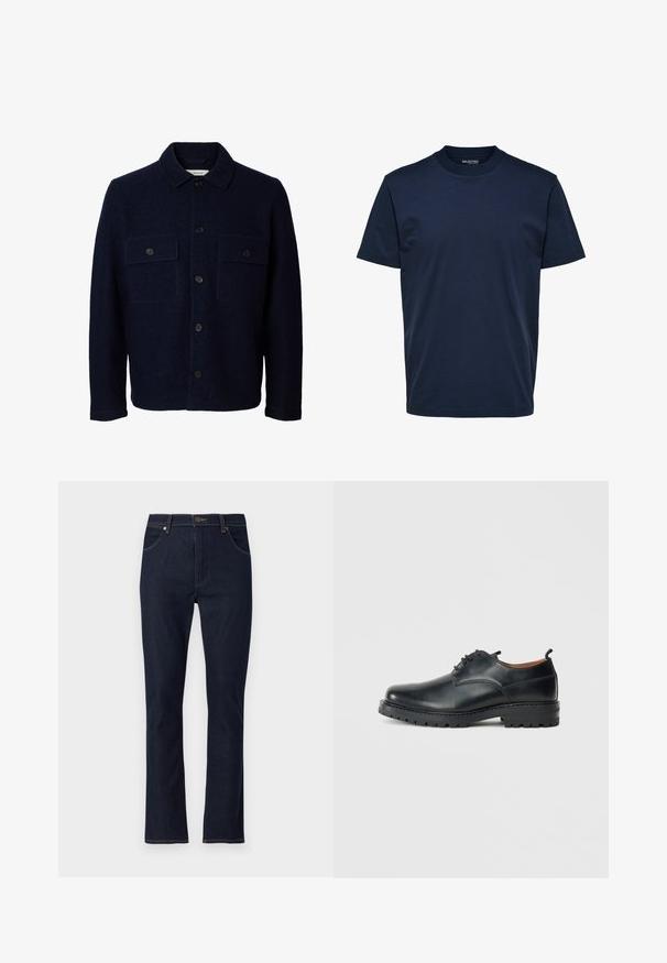 Marineblå uldjakke med lange ærmer, knaplukning foran, to brystlommer med klapper og knapper samt en klassisk krave.; Herre plain mørkeblå T-shirt med korte ærmer og rund hals med almindelig pasform og uden synlige mønstre eller logoer.; Mørkeblå straight-leg denim jeans med forlommer, bæltestropper og knaplukning.; Sorte læder derby-sko med en glat overflade, rund tå, snøre-design og en tyk, robust gummisål.