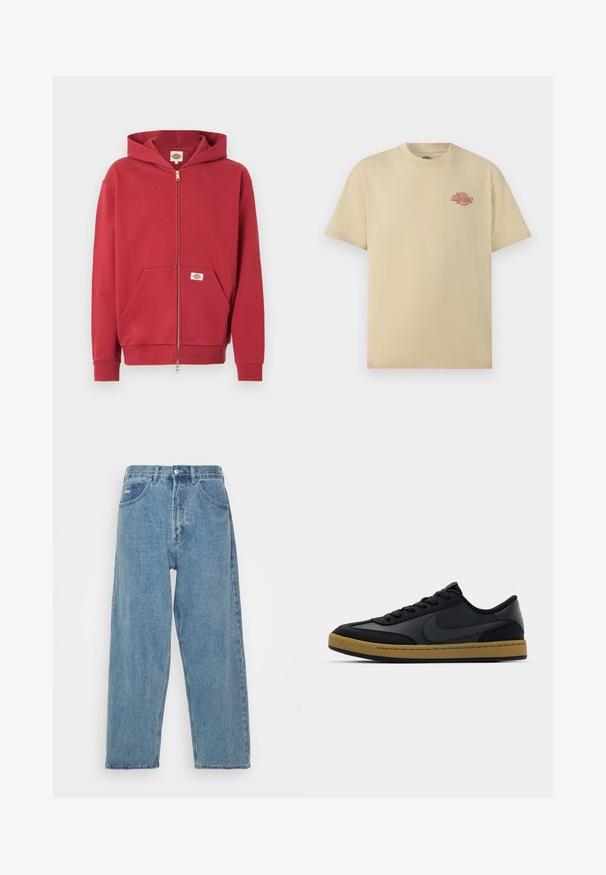 Rode hoodie met ritssluiting, voorzakken, geribbelde manchetten en een klein logoplaatje op de zak en binnen in de kraag.; Beige T-shirt met korte mouwen en ronde hals, met een klein rood "Dickies" logo op de linkerborst.; Lichtblauwe denim jeans met een hoge taille, ontspannen pasvorm, met twee zijzakken, een achterzak met patch en een knoopsluiting.; Zwarte leren sneaker met een laag ontwerp, vetersluiting, rubberen zool en gumkleurige accenten. Voorzien van een zijlogo en gestructureerde materialen.