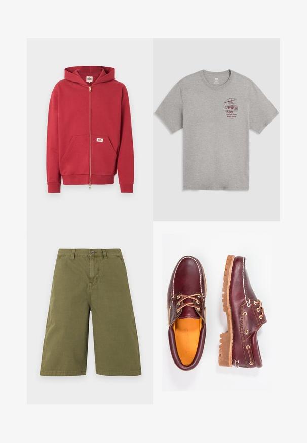 Sweat à capuche zippé rouge avec poches frontales, poignets côtelés et une petite écusson logo sur la poche et à l'intérieur du col.; T-shirt gris clair à col rond avec un petit motif bordeaux représentant un grille-pain sous un parapluie et le texte "Gardant les petits pains chauds depuis 1873" sur le côté gauche de la poitrine.; Shorts longueur genou vert olive avec passants de ceinture, bouton frontal, fermeture éclair et poches latérales, présentés sur fond blanc.; Chaussures en cuir bourgogne avec semelles en caoutchouc marron, bout rond, couture blanche et œillets dorés. L'intérieur présente une doublure jaune.