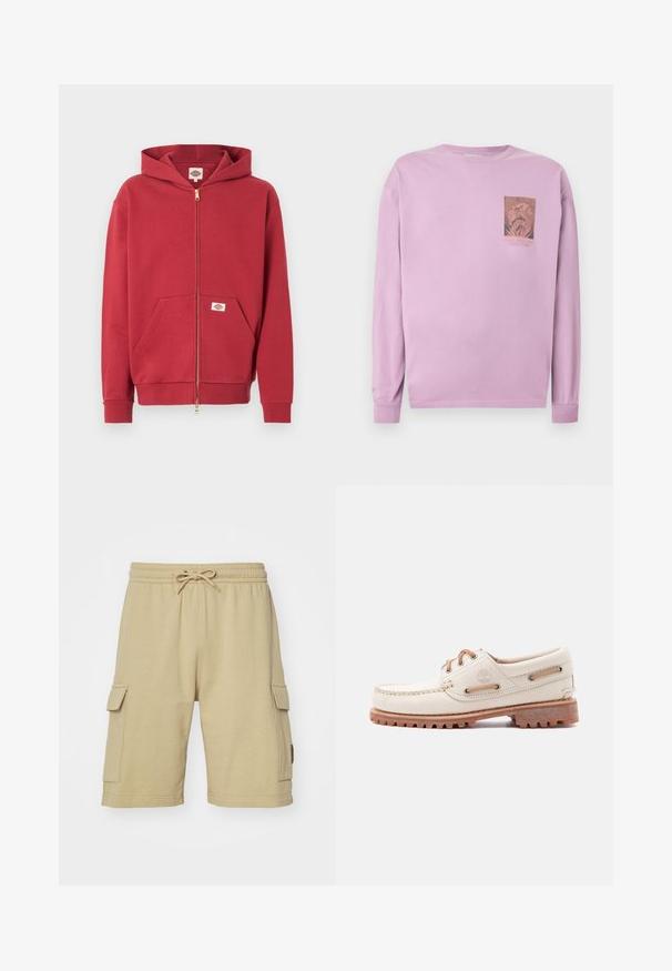 Sweat à capuche zippé rouge avec poches frontales, poignets côtelés et une petite écusson logo sur la poche et à l'intérieur du col.; Chemise à manches longues lavande avec un petit graphisme et du texte sur le côté gauche de la poitrine, présentant un motif circulaire complexe.; Shorts cargo en coton beige avec une taille élastique, un cordon de serrage et des poches latérales. Texture lisse et design arrivant au genou.; Chaussure bateau en cuir beige avec lacets marron, bout cousu, logo Timberland sur le côté, et semelle en caoutchouc texturée pour une meilleure adhérence.