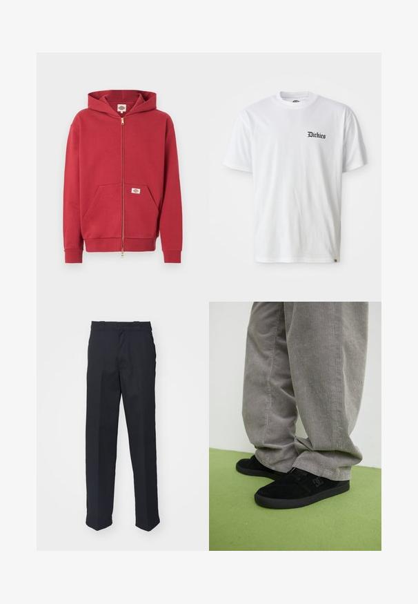 Červená mikina na zips s prednými vreckami, rebrovanými manžetami a malou nášivkou s logom na vrecku a vo vnútri goliera.; Biela bavlnená tričko s krátkymi rukávmi a okrúhlym výstrihom. Na ľavej strane hrudníka je čierny vytlačený logo "Dickies".; Čierne upravené nohavice so strihom rovného nohavice, vyrobené z hladkej tkaniny, so pásom s očkami a bez viditeľných vzorov alebo kovových prvkov.; Čierne semišové skateboardové topánky s textúrovaným povrchom a logom, ktoré sú spárované so sivými kordovými nohavicami s ryhovanou textúrou. Zelený povrch podlahy.