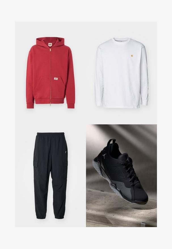 Rød lynlåshættetrøje med forlommer, ribstrikkede ærmeafslutninger og en lille logopatch på lommen og indersiden af kraven.; Hvid langærmet t-shirt lavet af bomuld. Har et lille gyldent logo på brystet og en rund halsudskæring. Enkel design og standard pasform.; Sorte cargo-bukser lavet af letvægtsmateriale, der har en elastisk talje, sidelommer og en afslappet pasform med elastiske manchetter.; Sort sportssko med mesh og syntetisk overdækning, der har et tekstureret design, gummisål og Jordan-logo på siden.