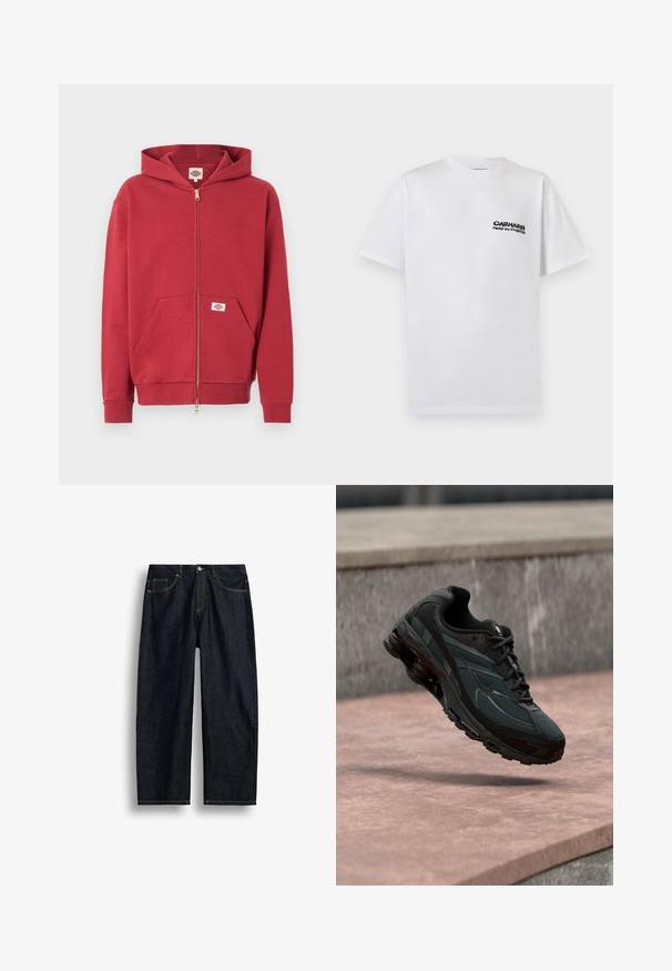 Sweat à capuche zippé rouge avec poches frontales, poignets côtelés et une petite écusson logo sur la poche et à l'intérieur du col.; T-shirt blanc à manches courtes avec petit logo noir "Carhartt Work in Progress" sur la poitrine gauche, fond uni.; Jean en denim bleu foncé à coupe droite avec couture jaune, poches avant et fermeture par bouton à la taille.; Baskets athlétiques noires avec une semelle intercalaire à coussin d’air visible flottant au-dessus d’une surface en pierre rose avec un mur en pierre gris en arrière-plan.