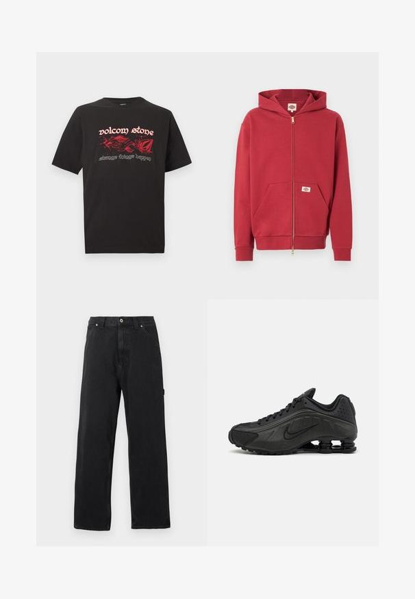 Sweat à capuche zippé rouge avec poches frontales, poignets côtelés et une petite écusson logo sur la poche et à l'intérieur du col.; T-shirt noir à coupe ample avec des graphismes abstraits de flammes rouges et le texte « volcom stone » et « strange things happen » sur le devant.; Jean noir droit avec poches avant, passants pour ceinture, fermeture par bouton et coutures apparentes sur un fond uni.; Baskets de course noires avec une tige en synthétique lisse, des accents perforés, des panneaux latéraux texturés et une semelle distincte et rebondissante.