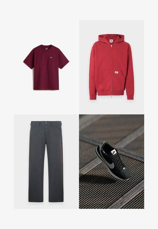 Sudadera con capucha roja con cremallera, bolsillos delanteros, puños acanalados y un pequeño parche de logo en el bolsillo y en el interior del cuello.; Camiseta de algodón marrón con mangas cortas, escote redondo y pequeño logo blanco de Vans en el pecho izquierdo. Textura suave, corte holgado.; Pantalones grises confeccionados con material de mezcla de algodón, con corte recto, bolsillos delanteros y un logo bordado en rojo en el lado izquierdo.; Zapatilla negra de Nike con acentos grises, materiales de ante y malla, suela texturizada, forma estrecha y diseño clásico con cordones.