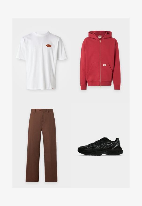 Červená mikina na zips s prednými vreckami, rebrovanými manžetami a malou nášivkou s logom na vrecku a vo vnútri goliera.; Biela bavlnená tričko s krátkymi rukávmi, s malým oranžovým a čiernym logom "Dickies" na ľavej strane hrude.; Hnedé nohavice s širokými nohavicami vyrobené z hladkej bavlnenej tkaniny. Obsahujú zapínanie na gombík, pútka na opasok a dve predné vrecká.; Čierna športová teniska s vlnovitými vzormi a malým logom krokodíla na boku, zobrazená na jednoduchom svetlosivom pozadí.