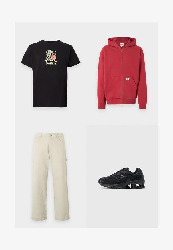 Roter Kapuzenpullover mit Reißverschluss, Fronttaschen, gerippten Bündchen und einem kleinen Logopatch auf der Tasche sowie im Innenkragen.; Schwarzes Baumwoll-T-Shirt mit einem bunten Grafikdruck, der eine Ananas und Kirschen zeigt. Der Text lautet "Stance Community Run Club." Mit kurzen Ärmeln.; Beige-weiße, senkrecht gestreifte Hose mit geradem Bein, Knopfverschluss, Gürtelschlaufen und seitlichen Taschen, auf einem einfarbigen Hintergrund dargestellt.; Schwarzer Sportschuh mit Obermaterial aus Mesh, gepolstertem Kragen und hervorgehobener Dämpfungstechnologie an der Ferse. Verfügt über strukturierte Akzente und Schnürsenkel.