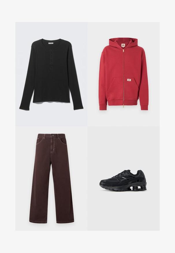 Rød lynlåshættetrøje med forlommer, ribstrikkede ærmeafslutninger og en lille logopatch på lommen og indersiden af kraven.; Sort langærmet henley-shirt med rund halsudskæring og fem-knaps lynlås, vist fladt med mærke, der siger Weekday.; Højtaljede, viddebenede bukser i mørkebrunt med knapper foran, lynlås, sidelommer og synlige syninger på hvid baggrund.; Sort atletiksko med mesh-overdel, polstret krave og markant støddæmpningsteknologi ved hælen. Har teksturerede detaljer og snørebånd.
