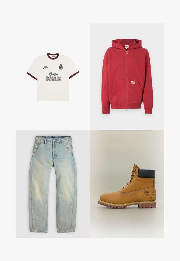 Rode hoodie met ritssluiting, voorzakken, geribbelde manchetten en een klein logoplaatje op de zak en binnen in de kraag.; Witte T-shirt met korte mouwen en bordeauxrode afwerking, "Escape BERLIN" tekst op de voorkant in het midden, "Mitte" op de linkerborst en een cirkelvormig embleem met twee sterren op de rechterborst.; Lichtblauwe jeans met wijde pijpen, gemaakt van denim. Heeft vijf zakken, een knoopsluiting en vervaagde plekken voor een versleten uitstraling.; Bruine leren enkellaars met zwarte kraag, gele veters en een zandkleurige zool. Voorzien van een logo en witte stikseldetails. Robuuste loopzool met grip.