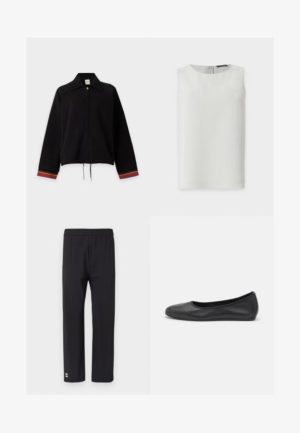 Veste noire zippée avec col côtelé, ourlet avec cordon de serrage et manches rayées aux accents orange, rouge et bleu.; Blouse blanche sans manches avec encolure ronde et fermeture éclair visible dans le dos, présentée sur fond blanc uni.; Pantalon de sport noir avec une ceinture élastique, une coupe droite, une texture lisse et un petit logo en bas à gauche de l'ourlet.; Ballerines en cuir noir avec un bout rond, texture lisse, détails de couture minimalistes et design de semelle flexible.