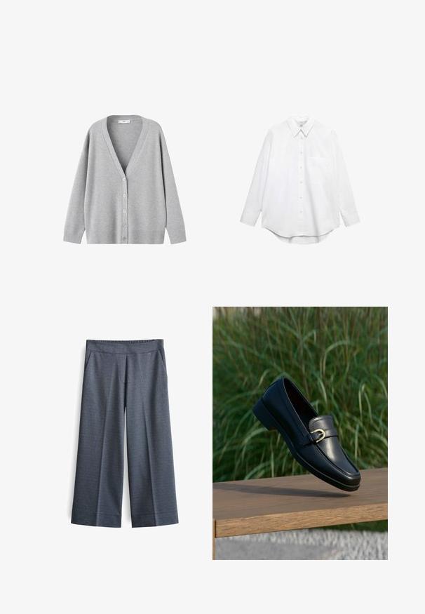 Lichtgrijs, langarmig gebreid vest met V-hals en vijf witte knopen aan de voorkant, geribbelde boorden en zoom.; Witte blouse met lange mouwen, knoopsluiting, spitse kraag en een enkele borstzak, afgebeeld tegen een effen witte achtergrond.; Wijde broek in donkergrijze stof. Voorzien van een elastische tailleband, twee voorkantzakken en een gladde textuur met een subtiel patroon.; Zwarte leren loafer met gouden gesp detail zwevend boven een houten bankje, groene gras onscherp op de achtergrond.